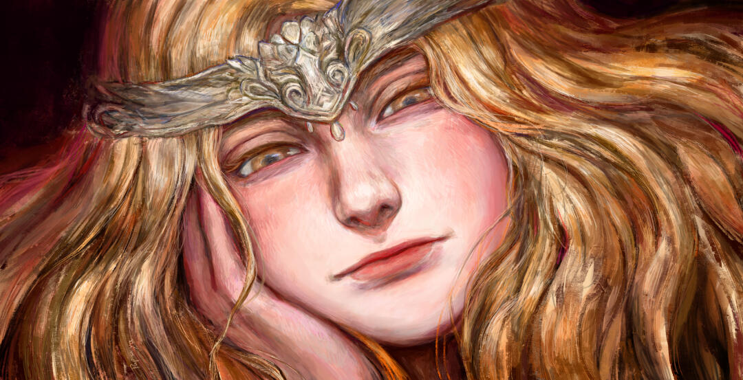 Close up portrait of Miquella from Elden ring.