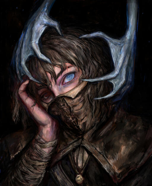 Portrait of Hunter of Bloodborne wearing Old Hunter set, getting their insight stolen by brainsucker.