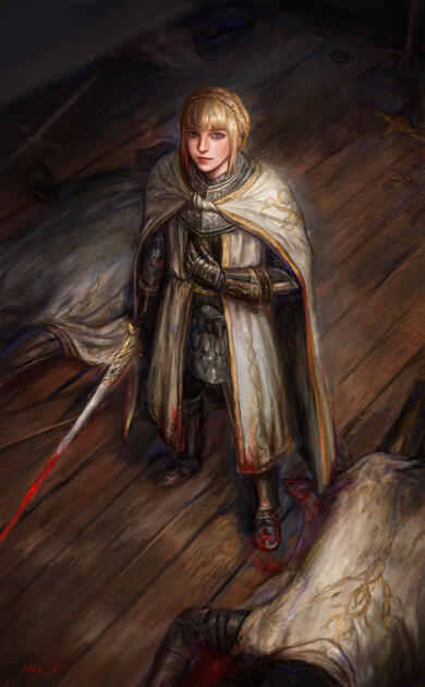 Full body illustration of Needle Knight Leda standing over corpses of needle knights, while looking in the camera with calm expression.