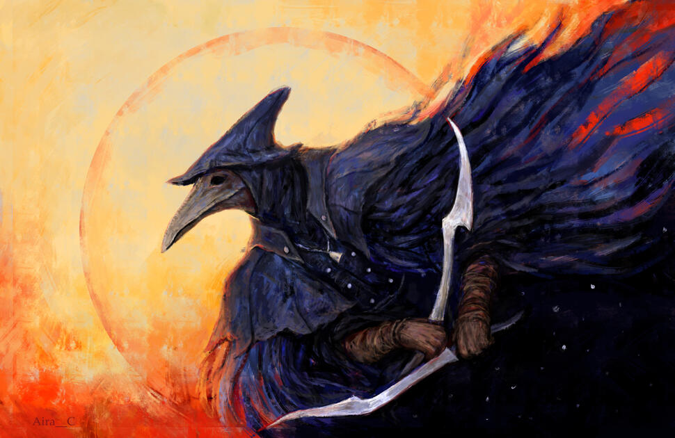 Dynamic portrait of Eileen the crow on the yellow/orange background. She's wielding her blades while her cape transitions into the starry night.