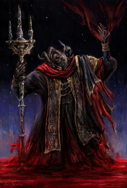 Full body picture of Mohg, Lord of Blood from Elden ring.