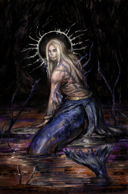 Depiction of Gwyn from Elden ring transforming into a mermaid.