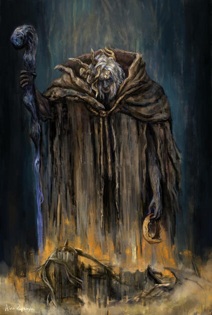 Full body picture of Morgott looking down on Leyndell while carrying the crown in his hand