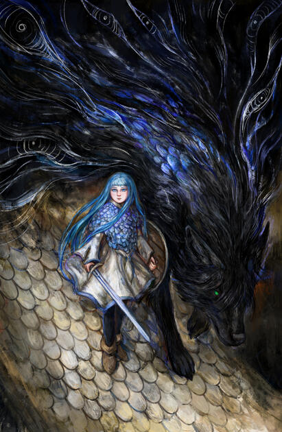 Illustration depicting Richeh and wolf Eunie from Witch Hat atelier.